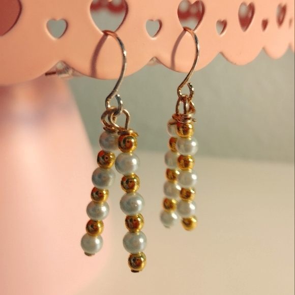 Handmade Beaded Chopstick Dangle Earrings, Blue Pearls and Gold Seed Beads - Picture 3 of 3
